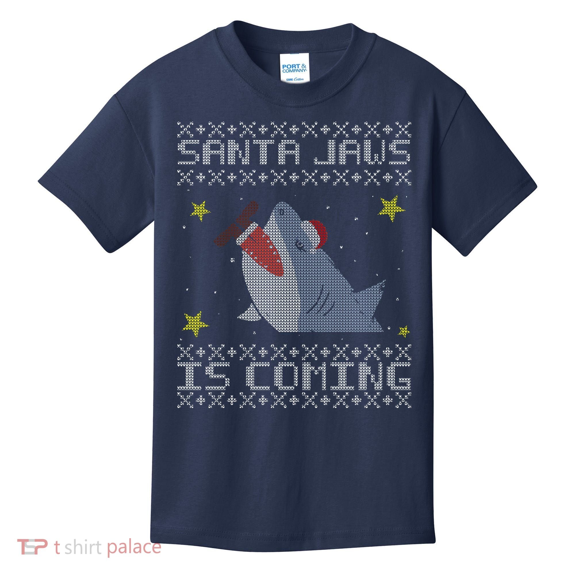 Santa Jaws Is Coming Ugly Christmas Kids T-Shirt