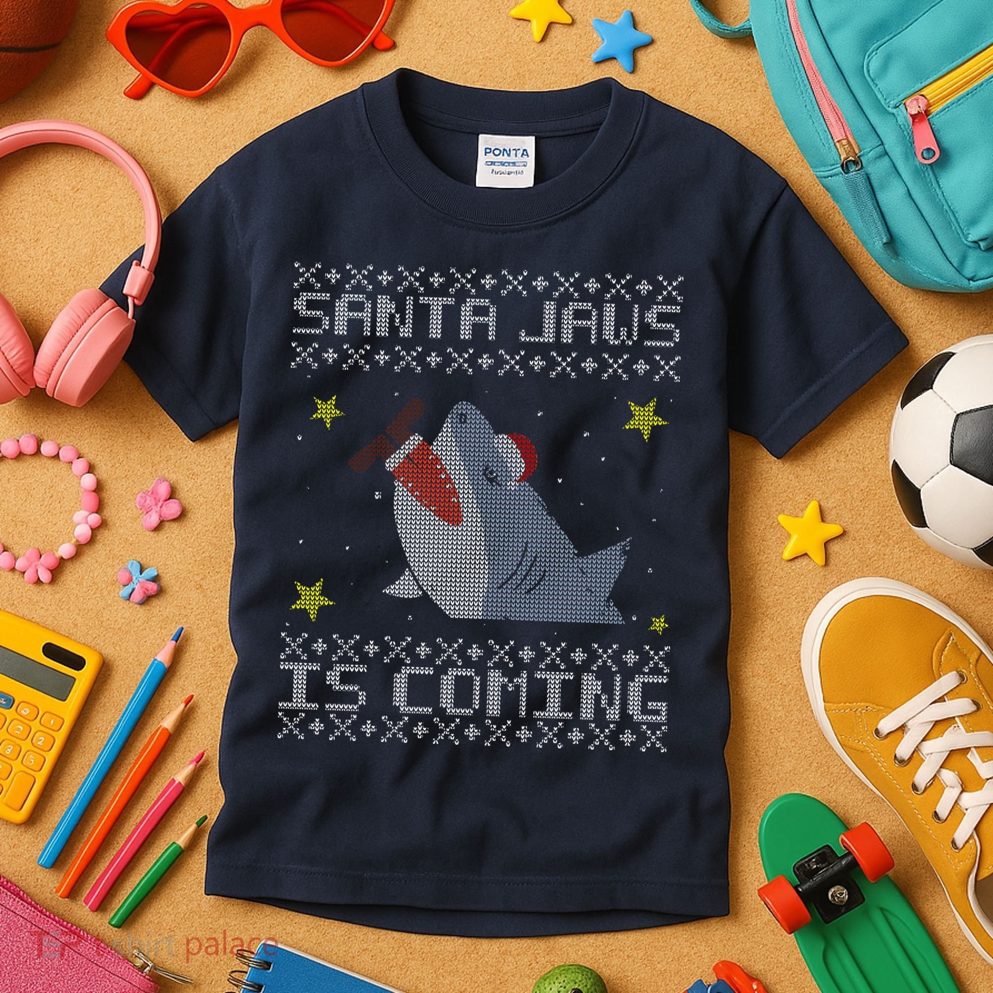 Santa Jaws Is Coming Ugly Christmas Kids T-Shirt