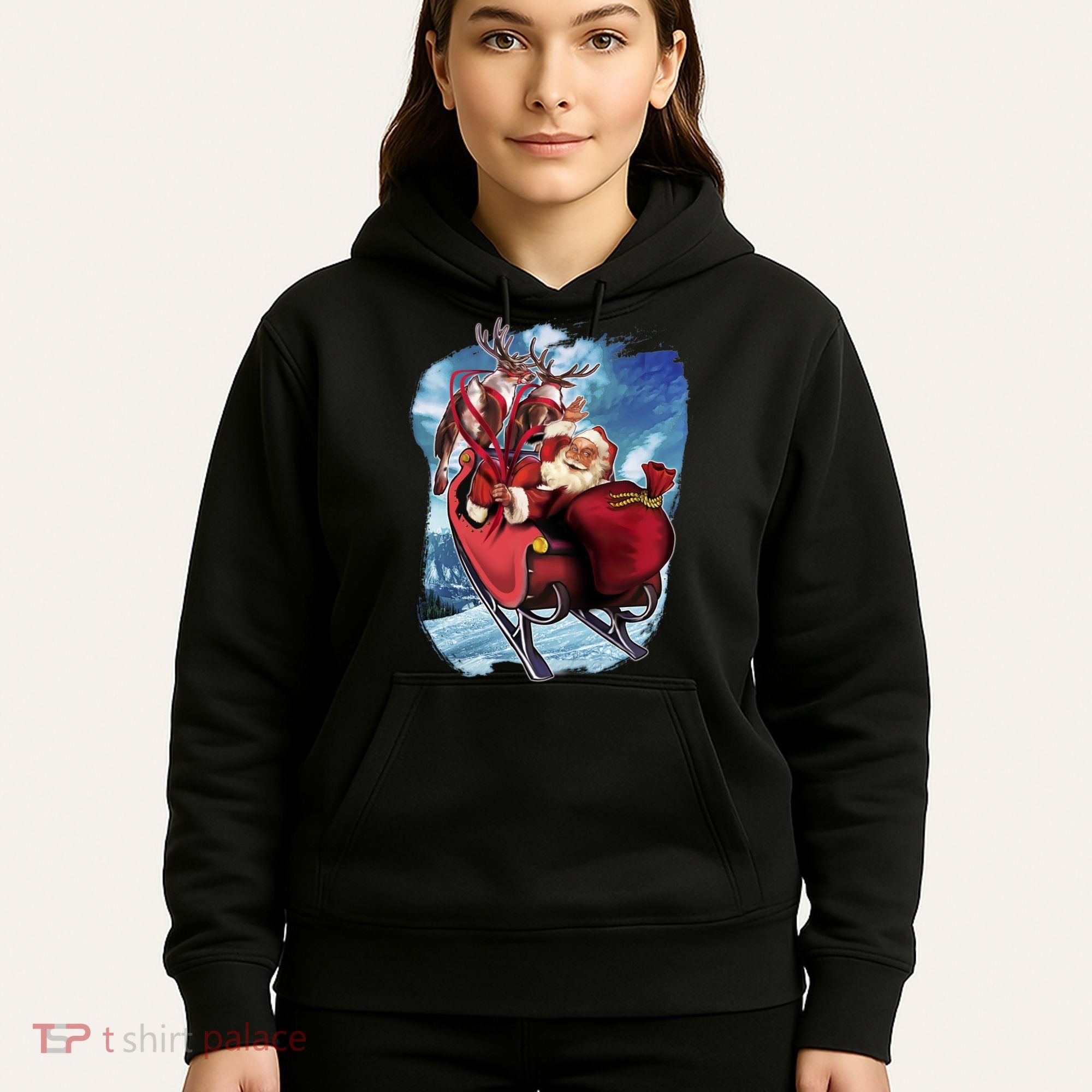 Santa Reindeer Sleigh Flying Over Snow Hoodie