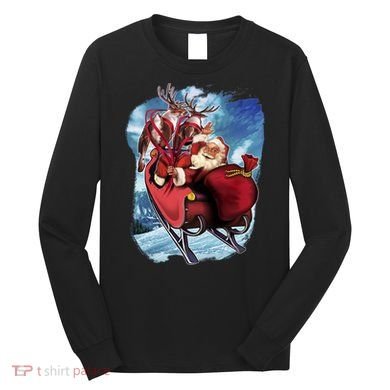 Santa Reindeer Sleigh Flying Over Snow Long Sleeve Shirt