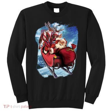 Santa Reindeer Sleigh Flying Over Snow Sweatshirt