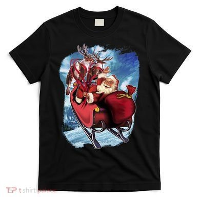 Santa Reindeer Sleigh Flying Over Snow T-Shirt