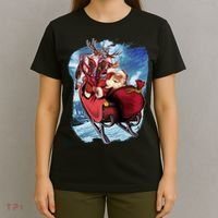 Santa Reindeer Sleigh Flying Over Snow T-Shirt thumb 4