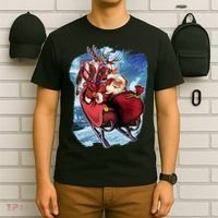 Santa Reindeer Sleigh Flying Over Snow T-Shirt thumb 6
