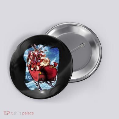 Santa Reindeer Sleigh Flying Over Snow Button