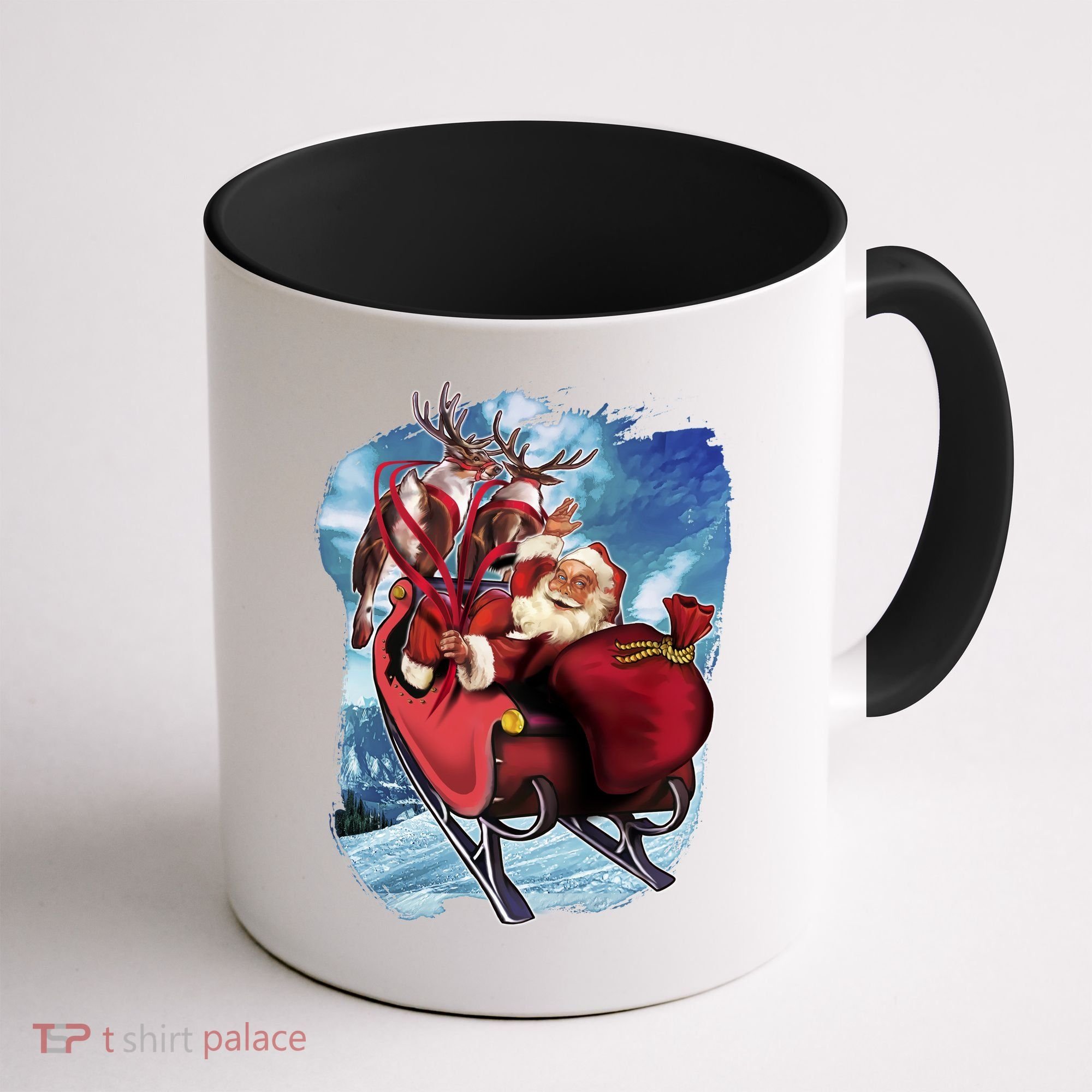 Santa Reindeer Sleigh Flying Over Snow Coffee Mug