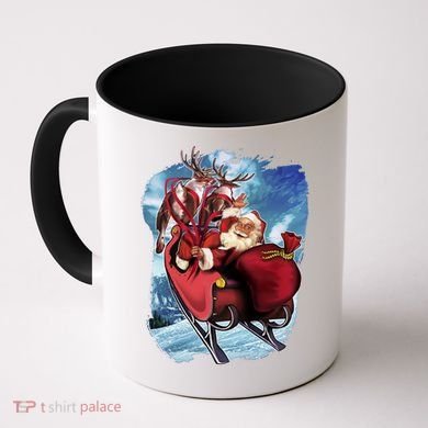 Santa Reindeer Sleigh Flying Over Snow Coffee Mug
