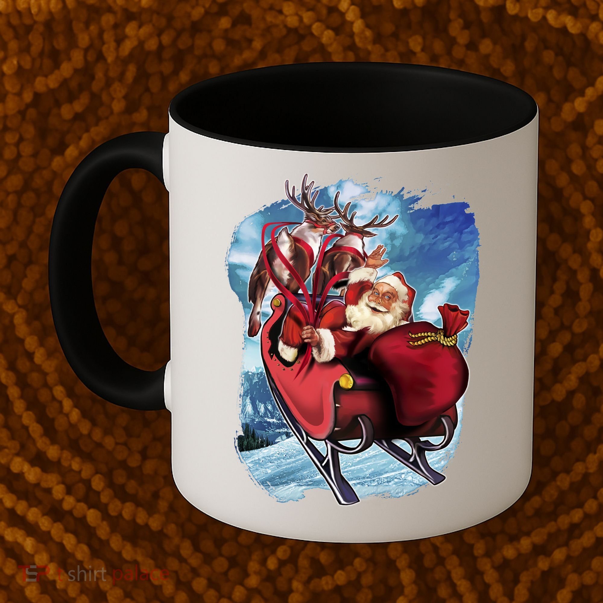 Santa Reindeer Sleigh Flying Over Snow Coffee Mug