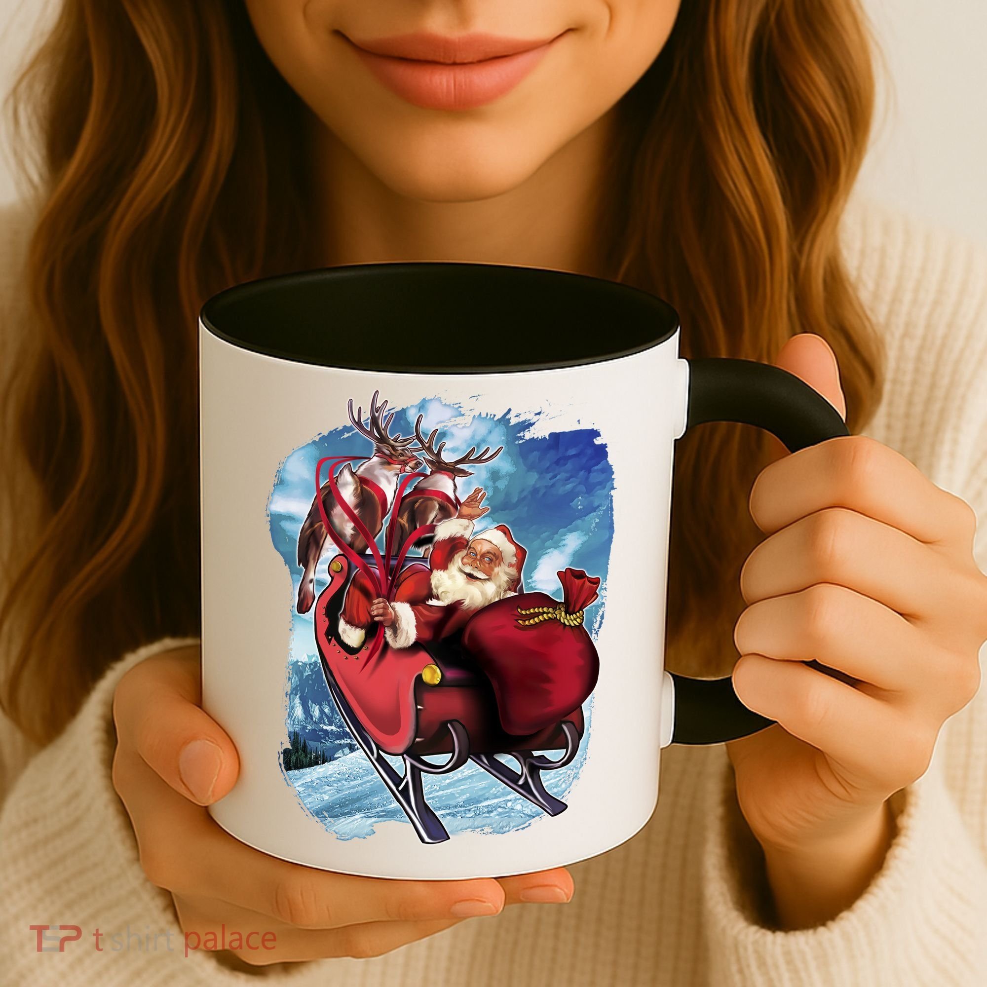 Santa Reindeer Sleigh Flying Over Snow Coffee Mug
