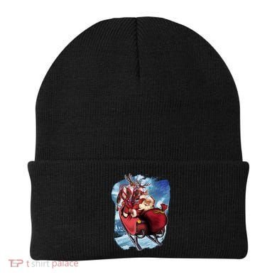 Santa Reindeer Sleigh Flying Over Snow Beanie