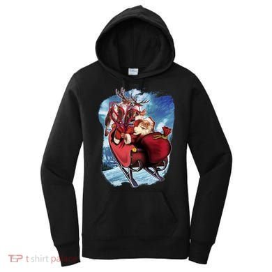Santa Reindeer Sleigh Flying Over Snow Women's Hoodie