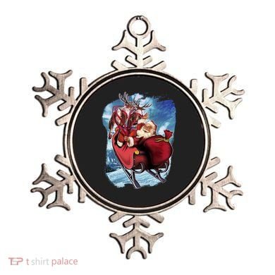 Santa Reindeer Sleigh Flying Over Snow Ornament