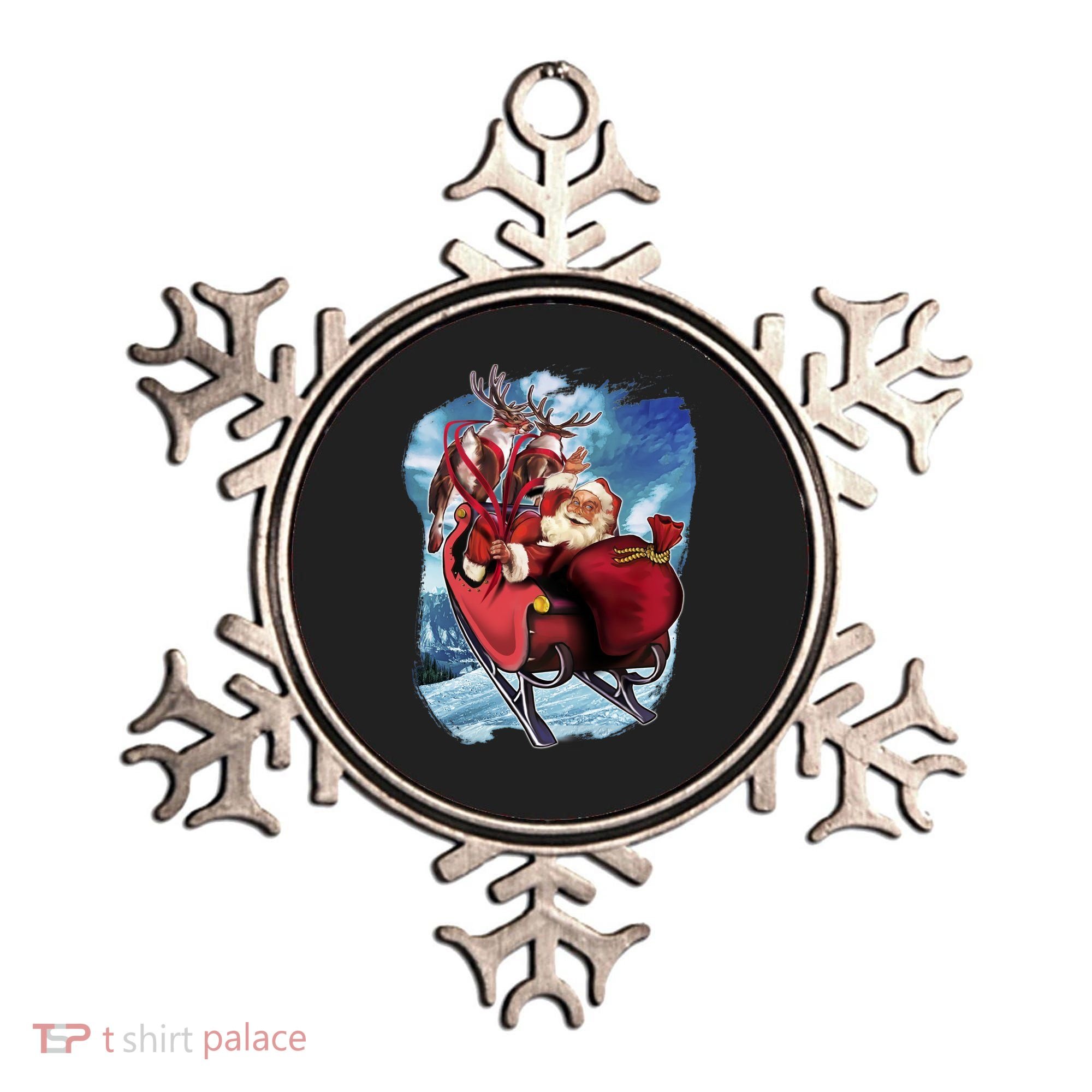 Santa Reindeer Sleigh Flying Over Snow Ornament