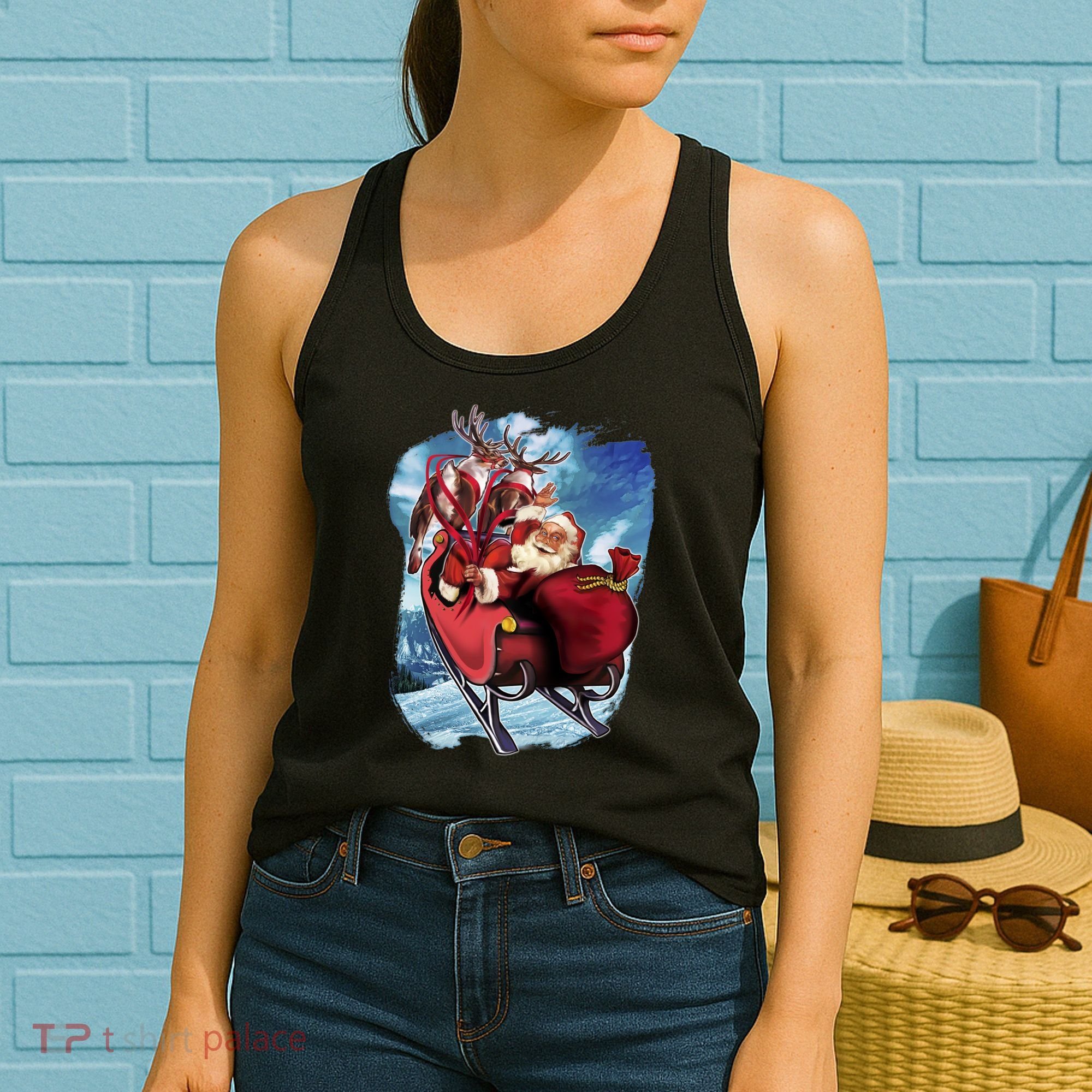 Santa Reindeer Sleigh Flying Over Snow Women's Tank Top