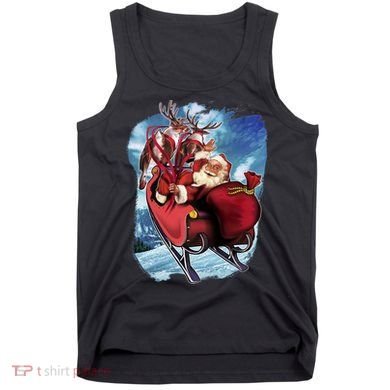 Santa Reindeer Sleigh Flying Over Snow Tank Top