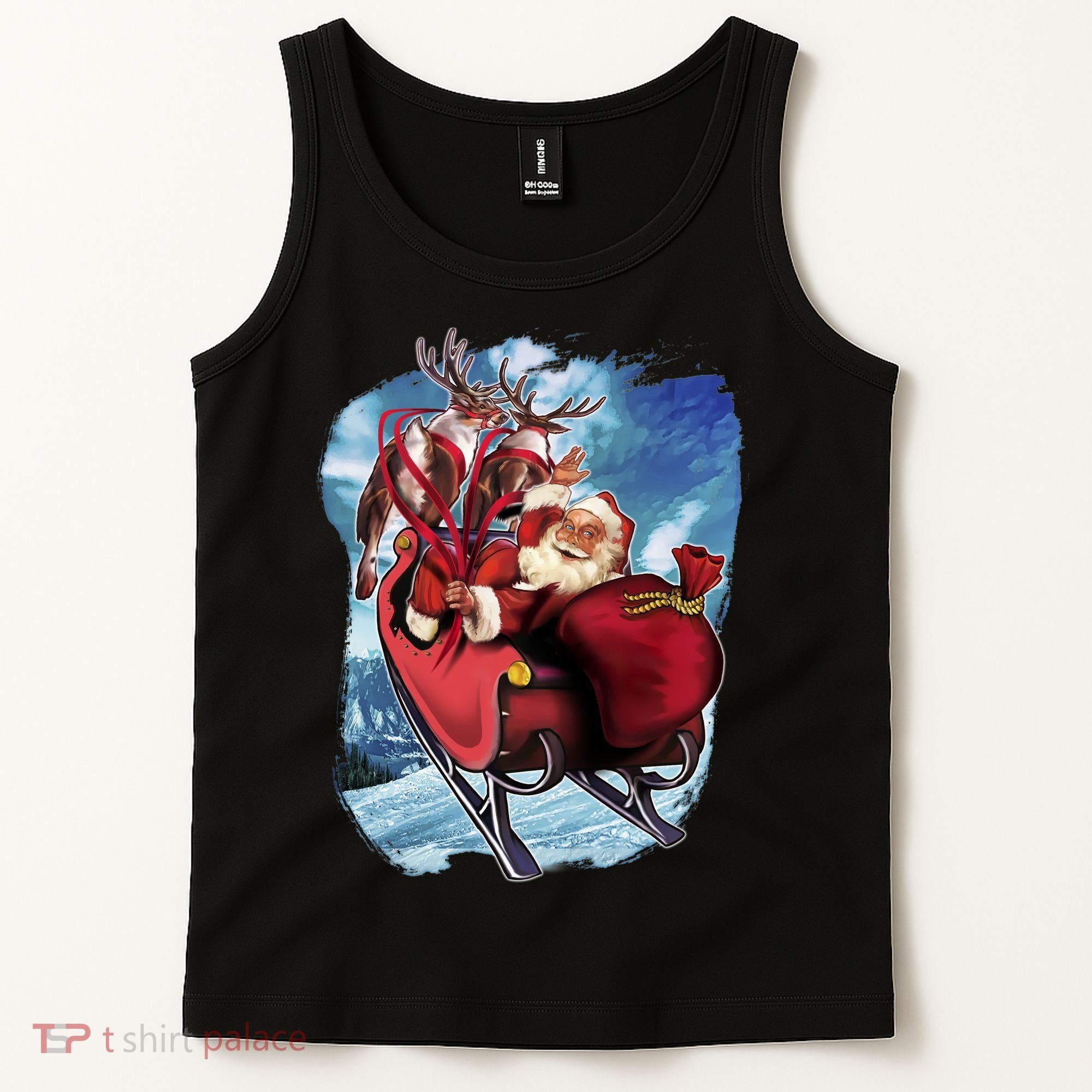 Santa Reindeer Sleigh Flying Over Snow Tank Top