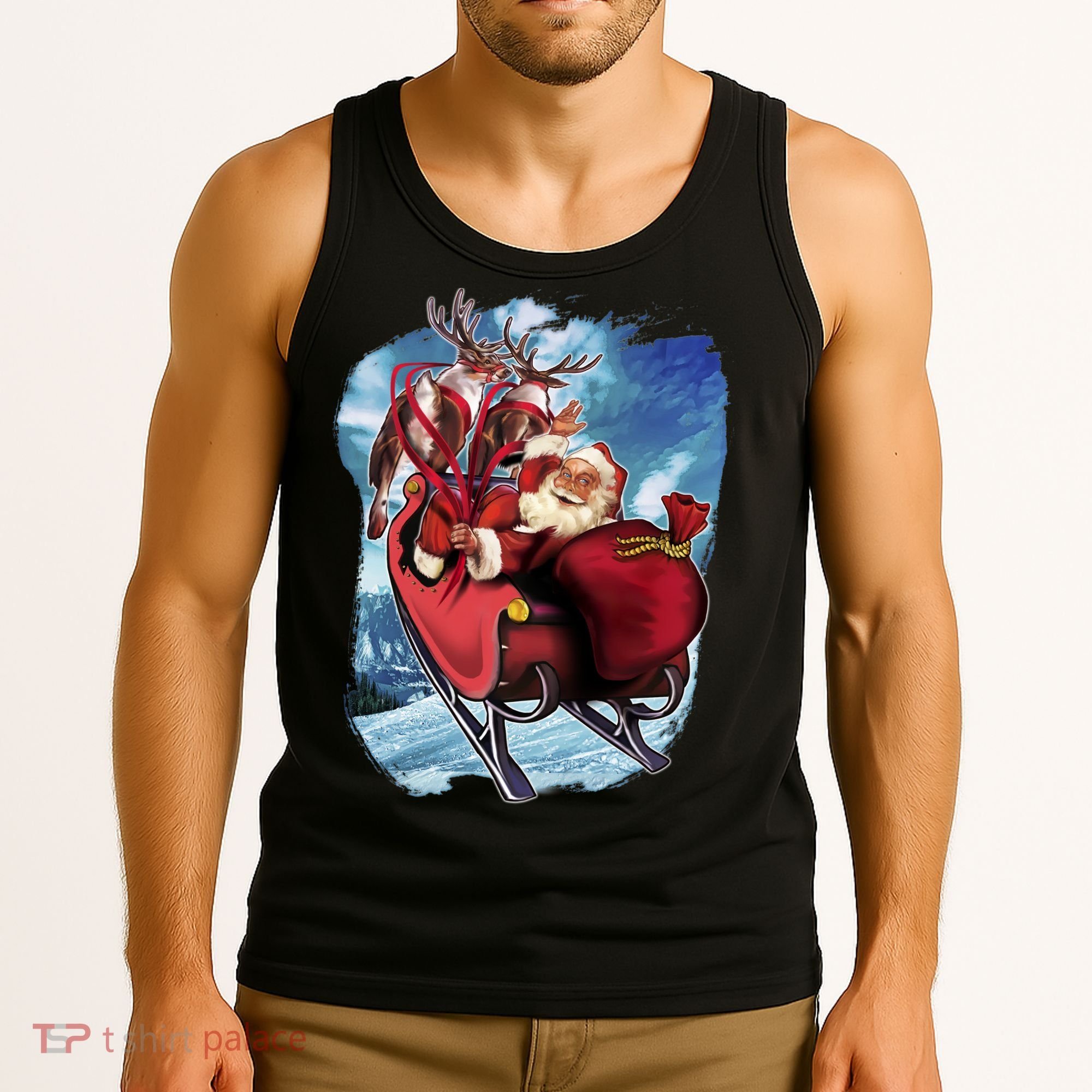 Santa Reindeer Sleigh Flying Over Snow Tank Top