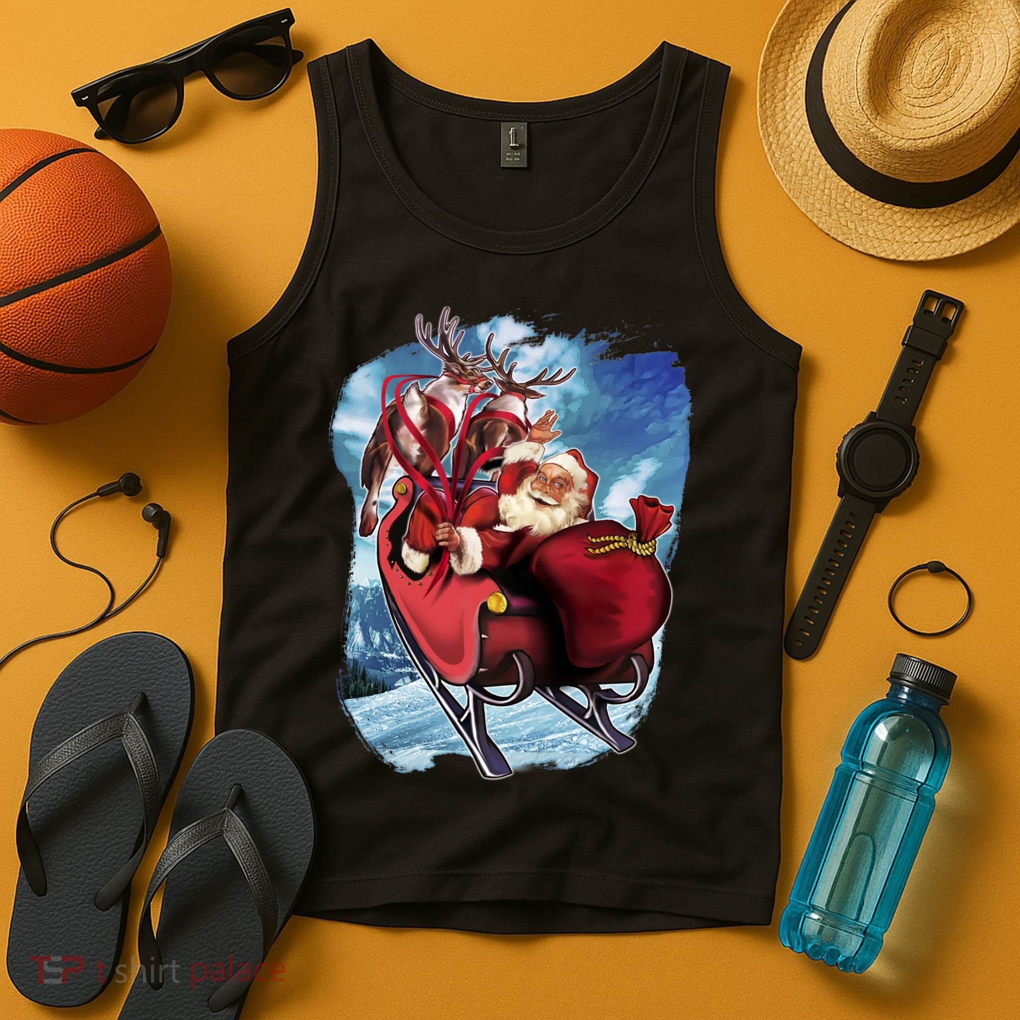Santa Reindeer Sleigh Flying Over Snow Tank Top