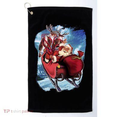 Santa Reindeer Sleigh Flying Over Snow Golf Towel