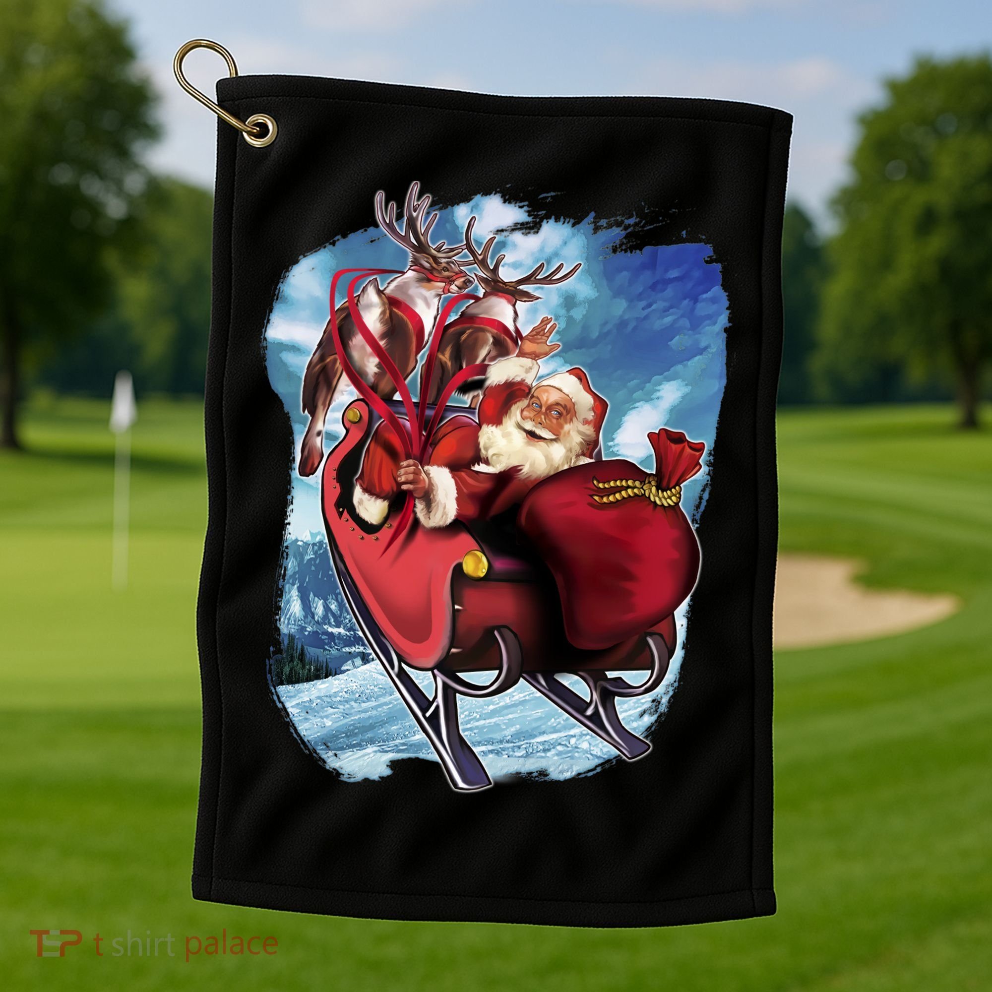 Santa Reindeer Sleigh Flying Over Snow Golf Towel