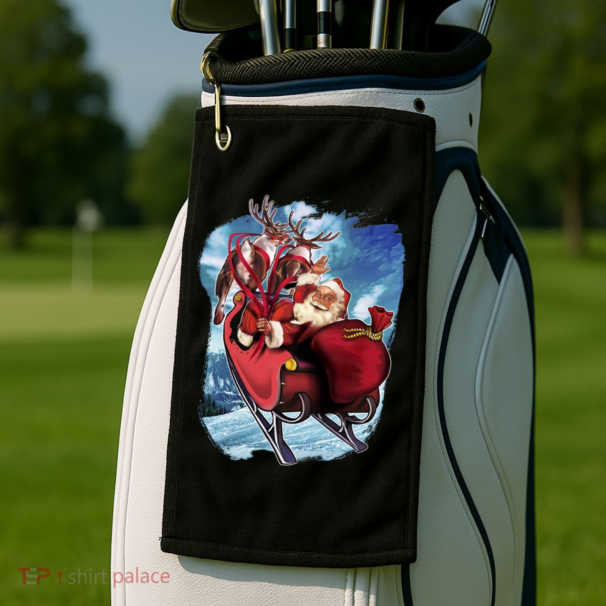Santa Reindeer Sleigh Flying Over Snow Golf Towel