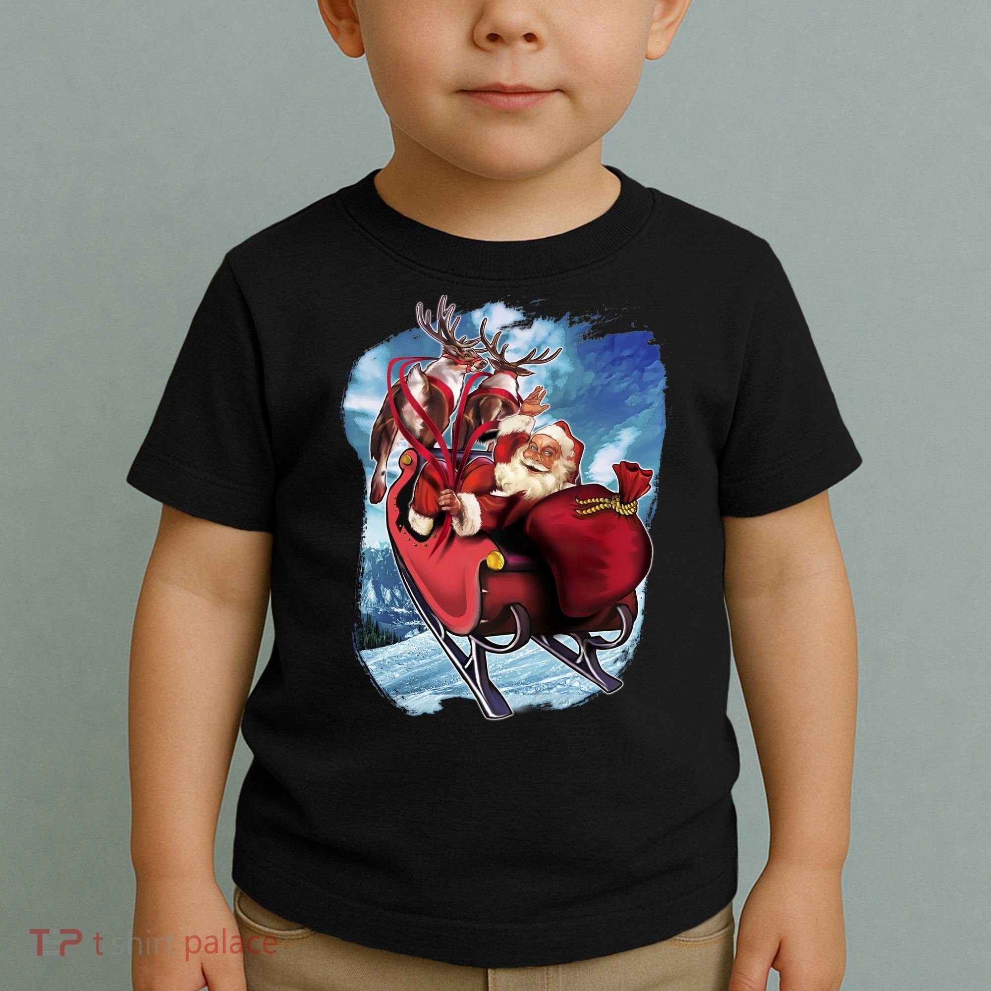 Santa Reindeer Sleigh Flying Over Snow Toddler T-Shirt