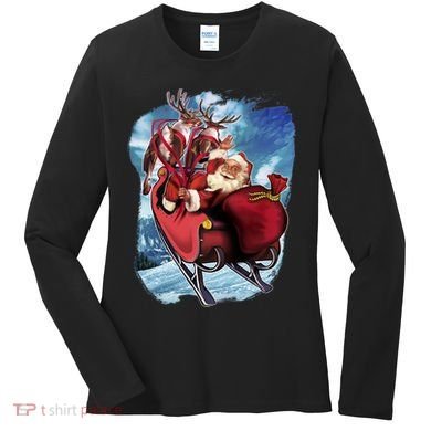 Santa Reindeer Sleigh Flying Over Snow Women's Long Sleeve Shirt