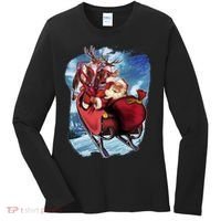 Santa Reindeer Sleigh Flying Over Snow Women's Long Sleeve Shirt thumb 0