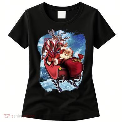 Santa Reindeer Sleigh Flying Over Snow Women's T-Shirt