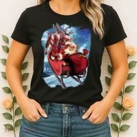 Santa Reindeer Sleigh Flying Over Snow Women's T-Shirt thumb 2