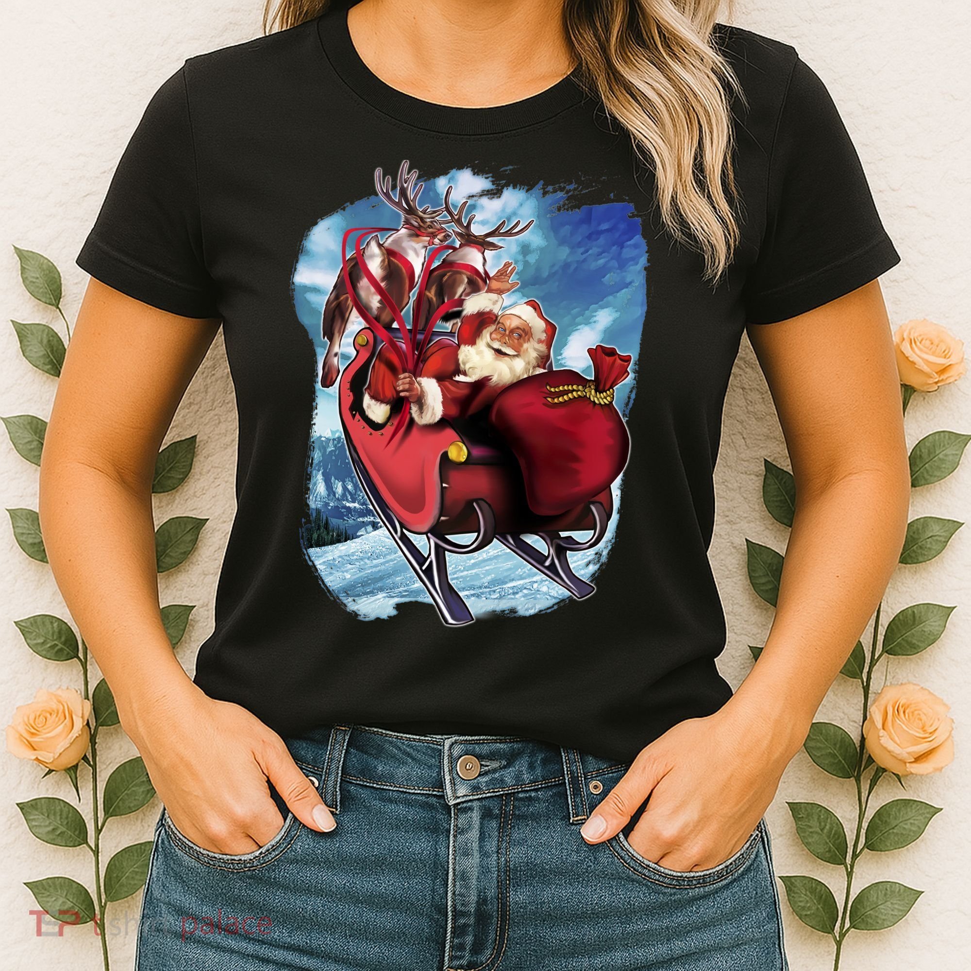 Santa Reindeer Sleigh Flying Over Snow Women's T-Shirt