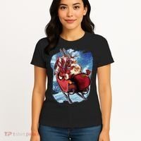 Santa Reindeer Sleigh Flying Over Snow Women's T-Shirt thumb 4