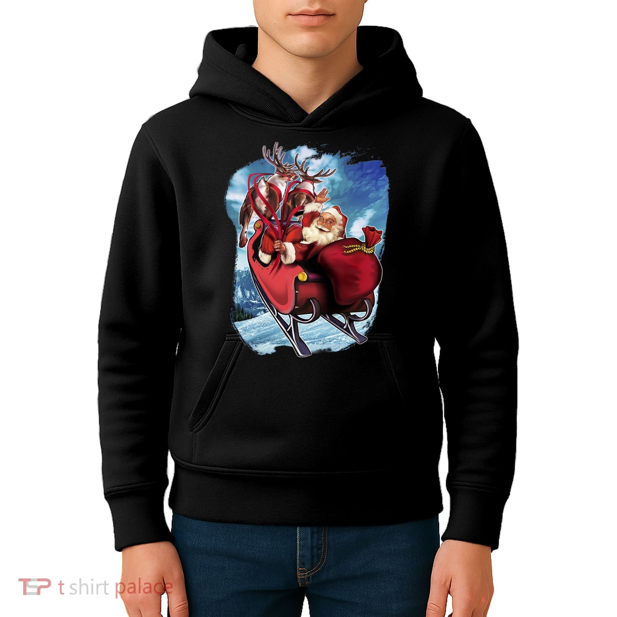 Santa Reindeer Sleigh Flying Over Snow Kids Hoodie