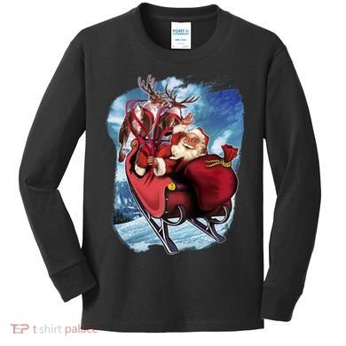 Santa Reindeer Sleigh Flying Over Snow Kids Long Sleeve Shirt