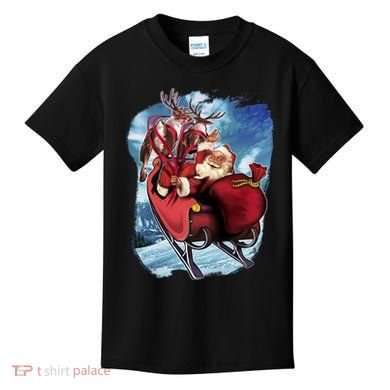 Santa Reindeer Sleigh Flying Over Snow Kids T-Shirt