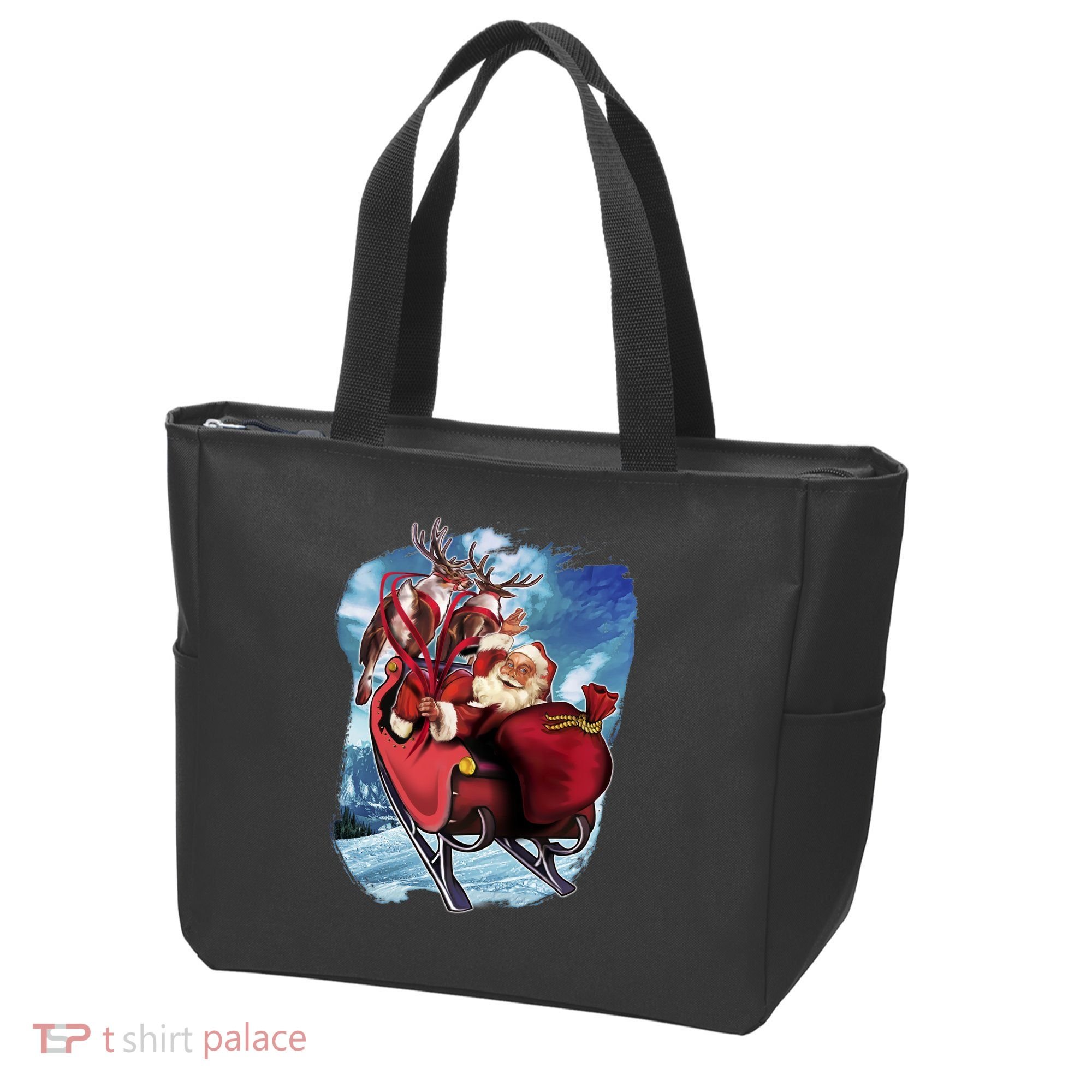 Santa Reindeer Sleigh Flying Over Snow Tote Bag
