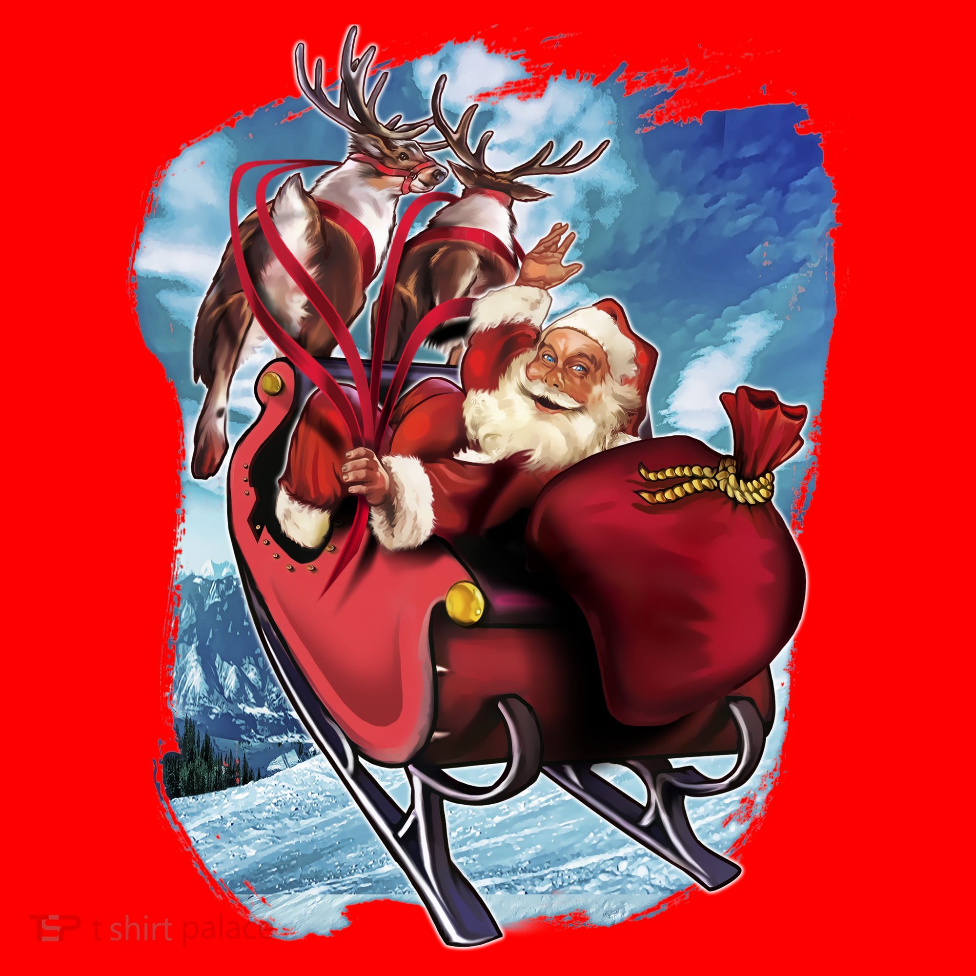 Santa Reindeer Sleigh Flying Over Snow Santa Hat
