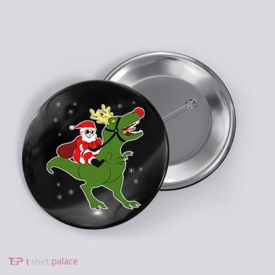Santa Riding T-Rex Button