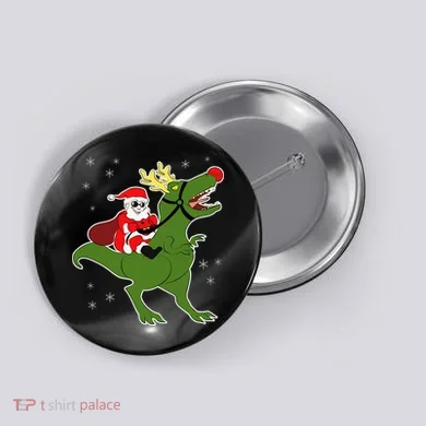 Santa Riding T-Rex Button