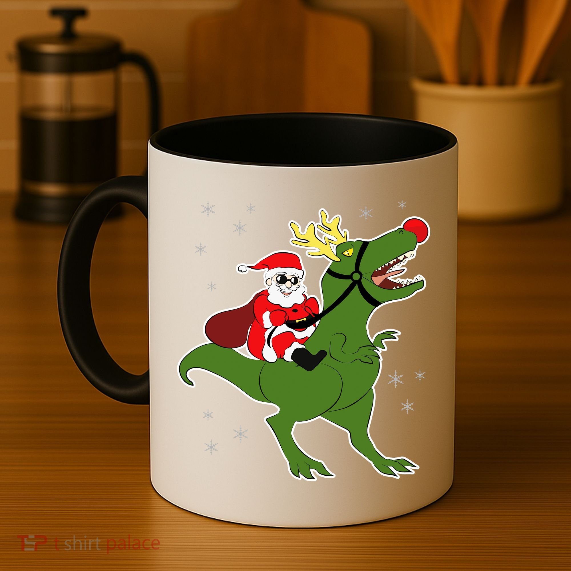 Santa Riding T-Rex Coffee Mug
