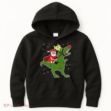 Santa Riding T-Rex Kids Hoodie