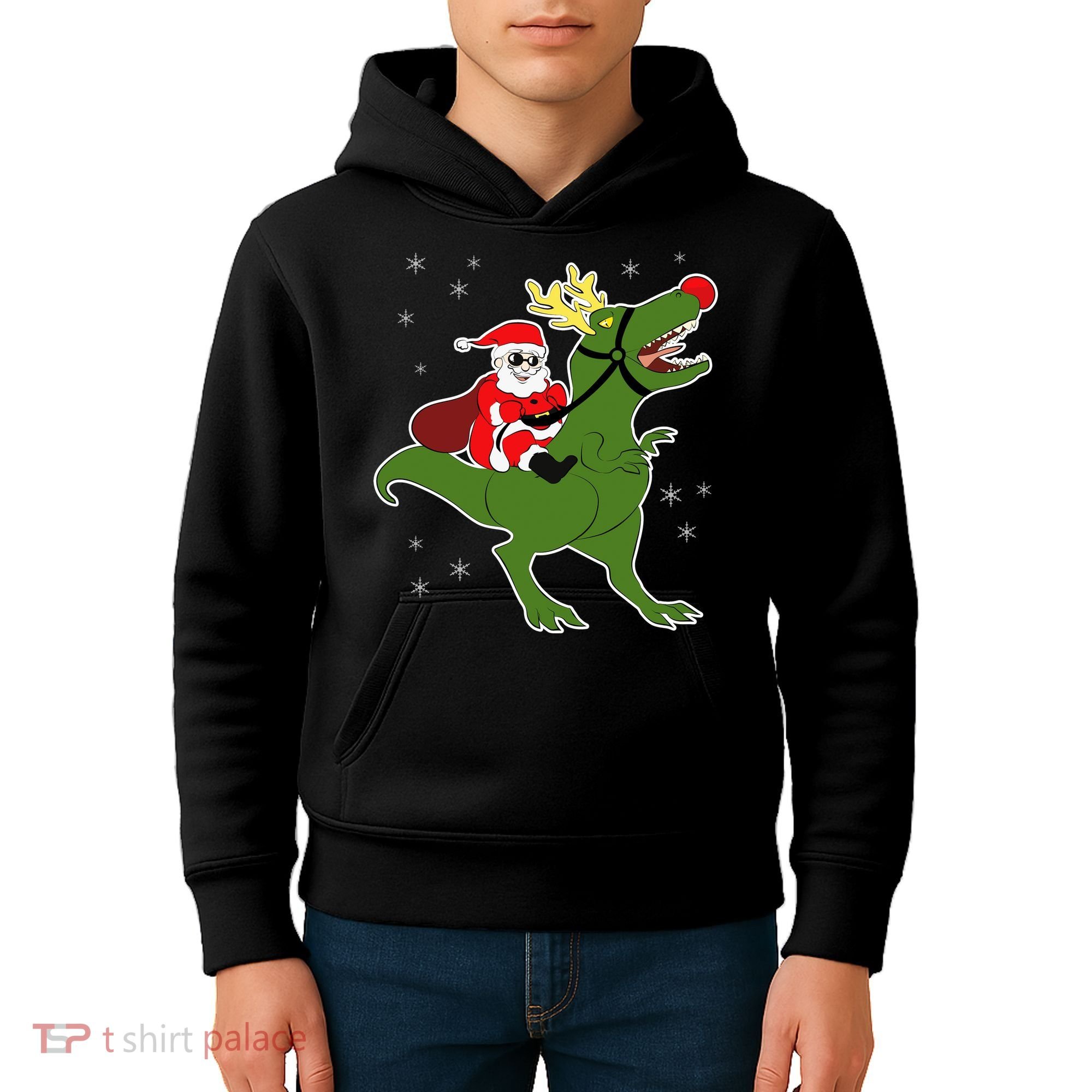 Santa Riding T-Rex Kids Hoodie