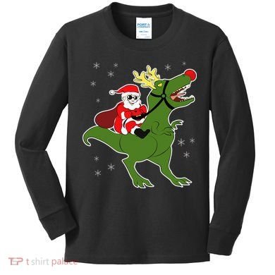 Santa Riding T-Rex Kids Long Sleeve Shirt