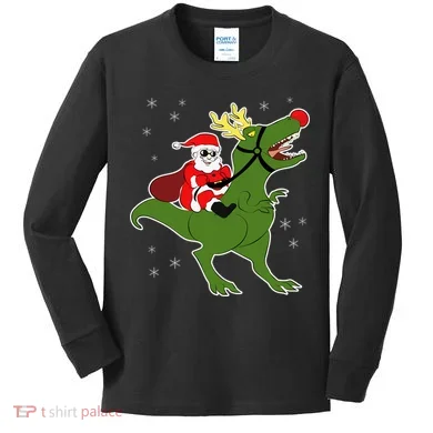 Santa Riding T-Rex Kids Long Sleeve Shirt