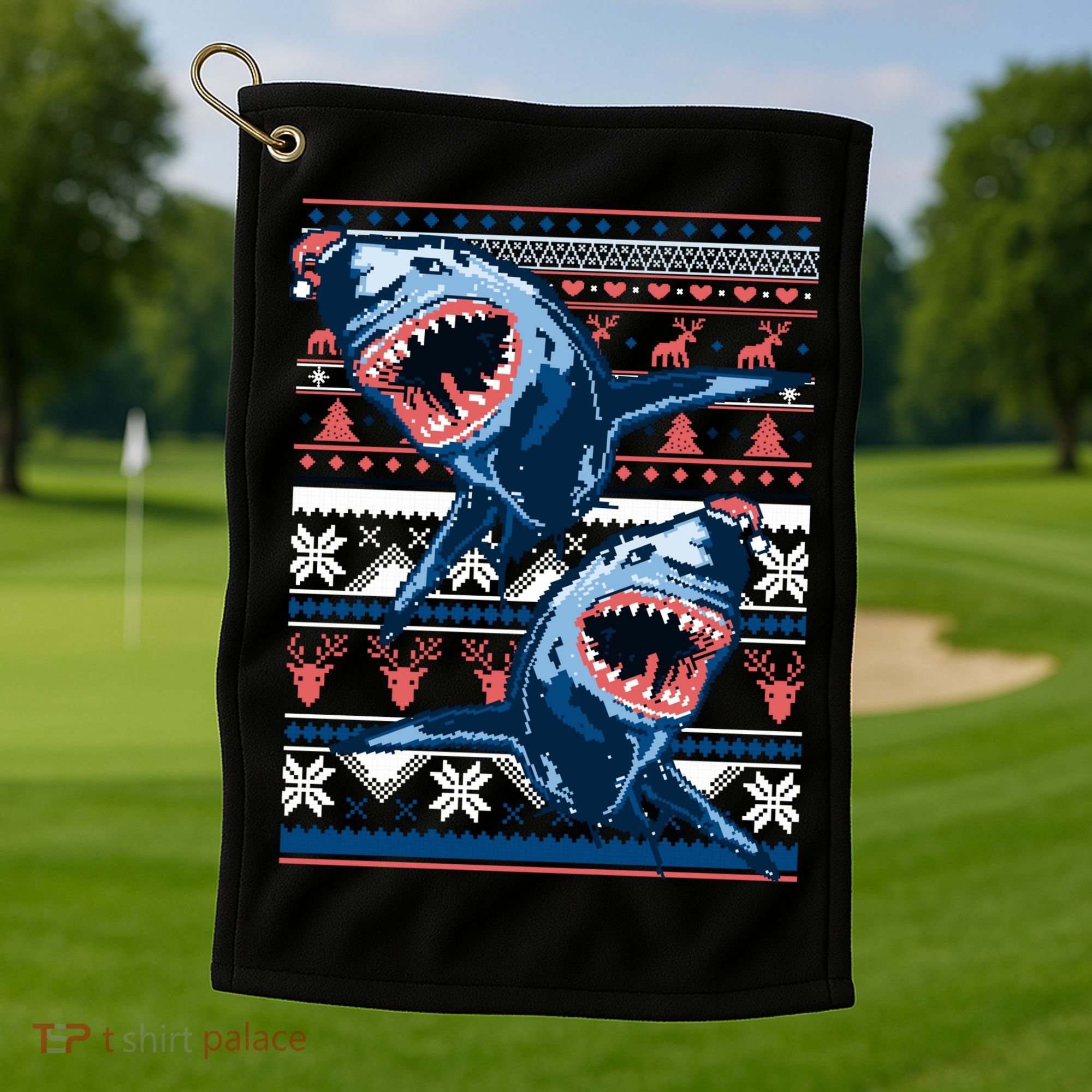 Santa Shark Ugly Christmas Sweater Golf Towel
