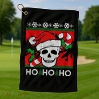 Santa Skull Candy Cane Ugly Christmas Sweater Golf Towel thumb 1