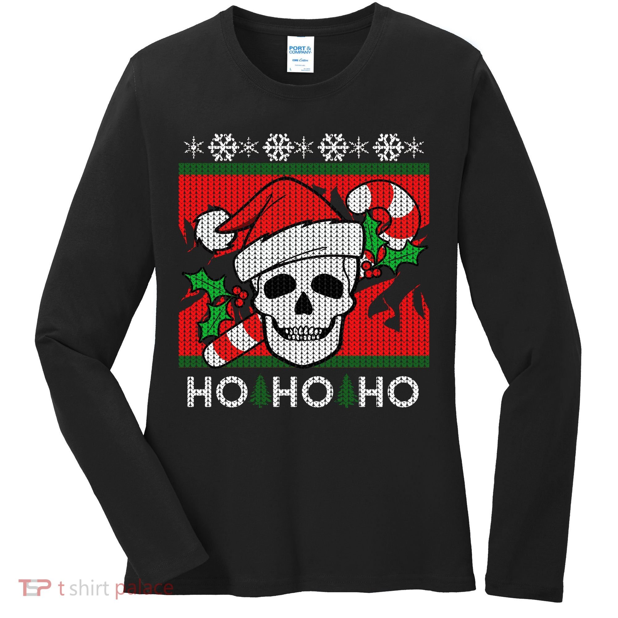 Santa Skull Candy Cane Ugly Christmas Sweater Women's Long Sleeve Shirt