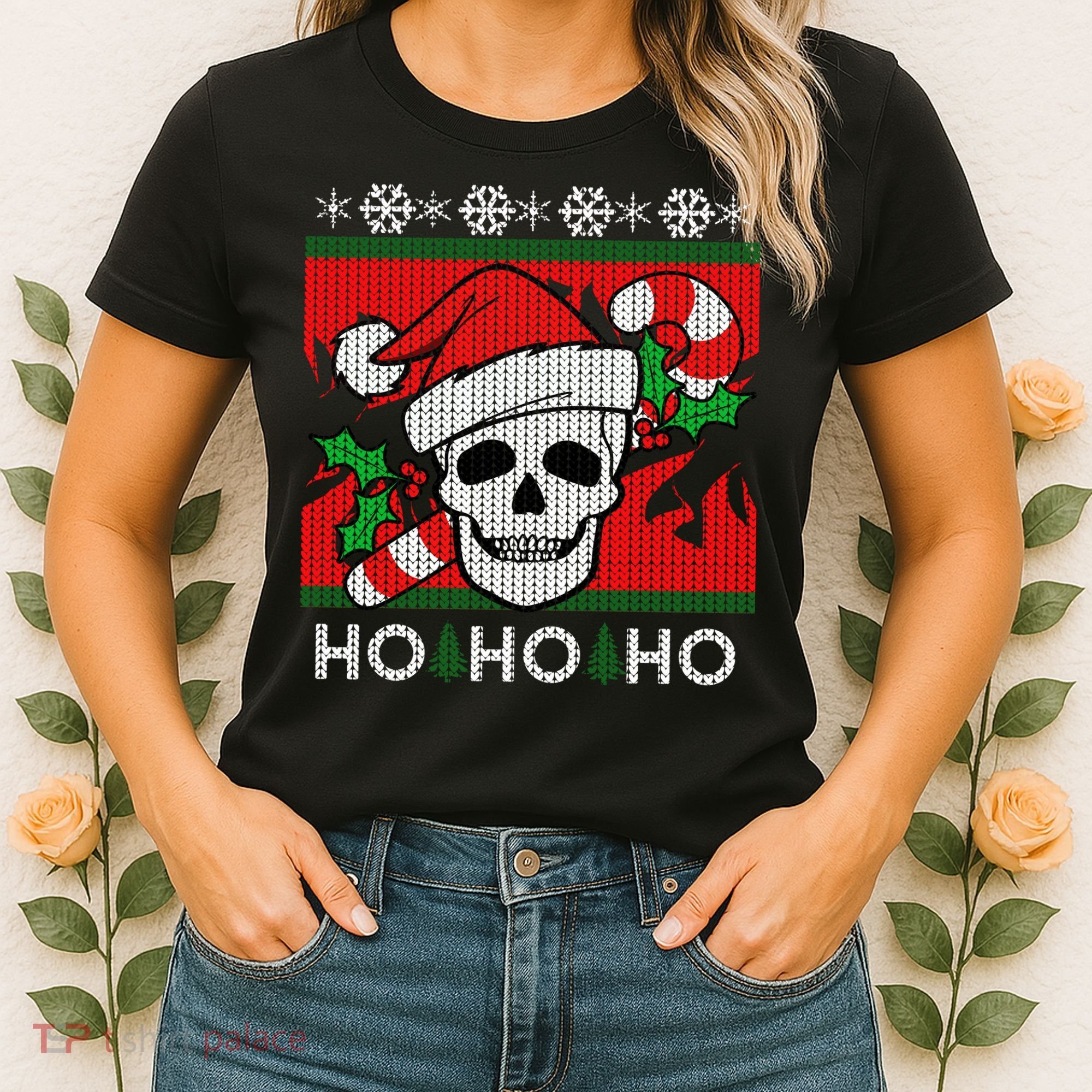 Santa Skull Candy Cane Ugly Christmas Sweater Women's T-Shirt