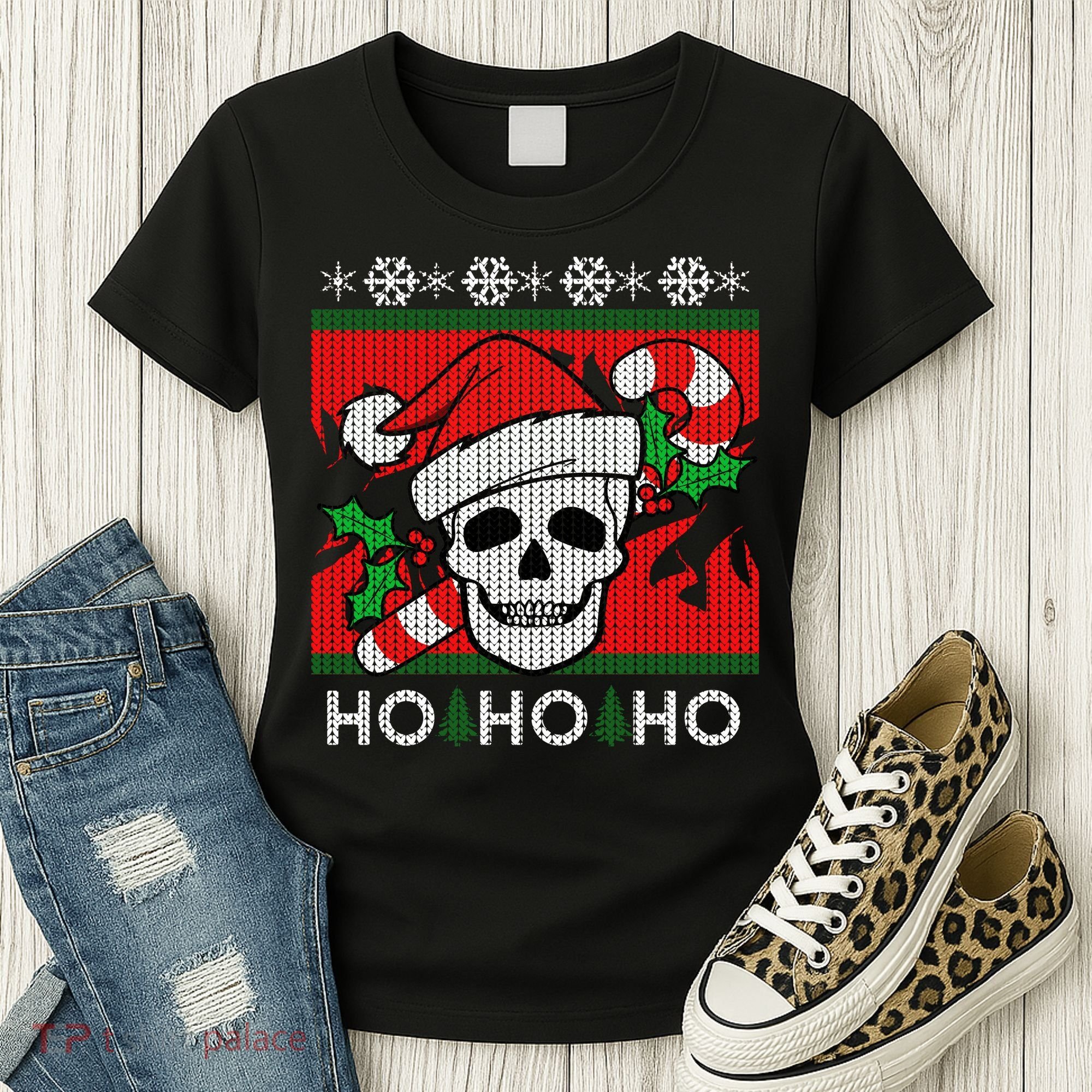 Santa Skull Candy Cane Ugly Christmas Sweater Women's T-Shirt