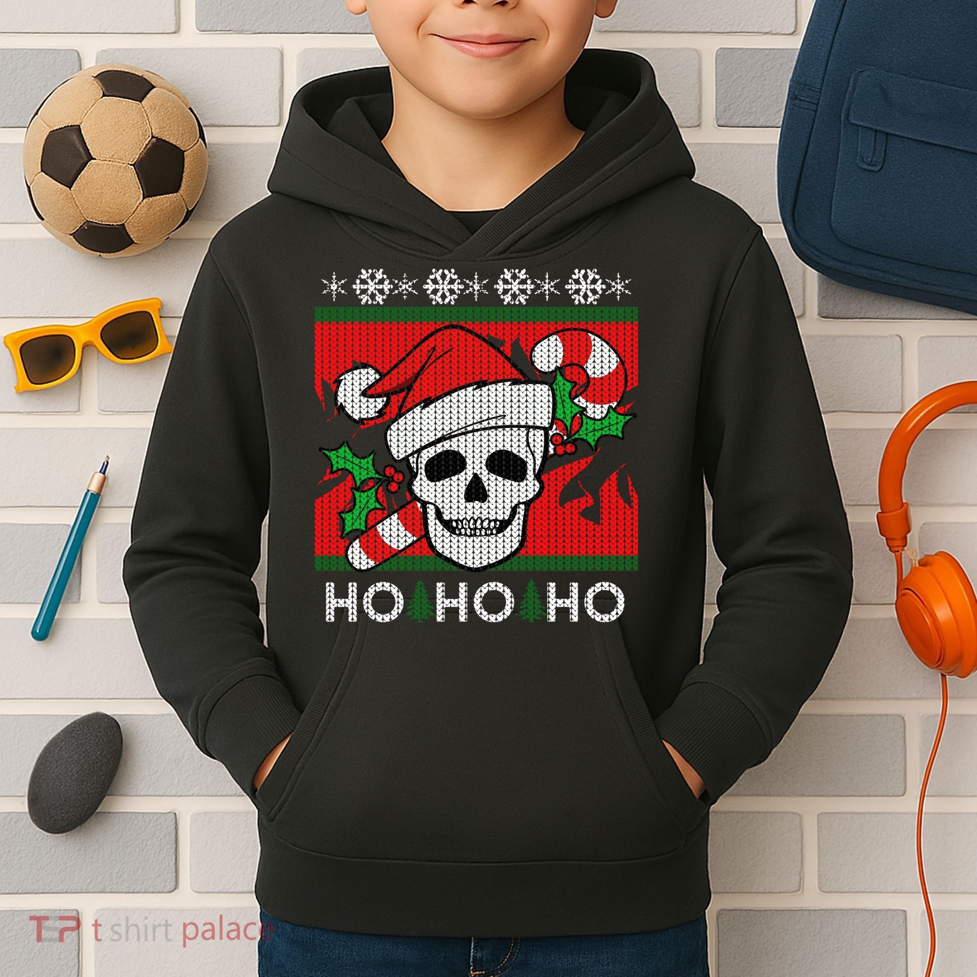 Santa Skull Candy Cane Ugly Christmas Sweater Kids Hoodie